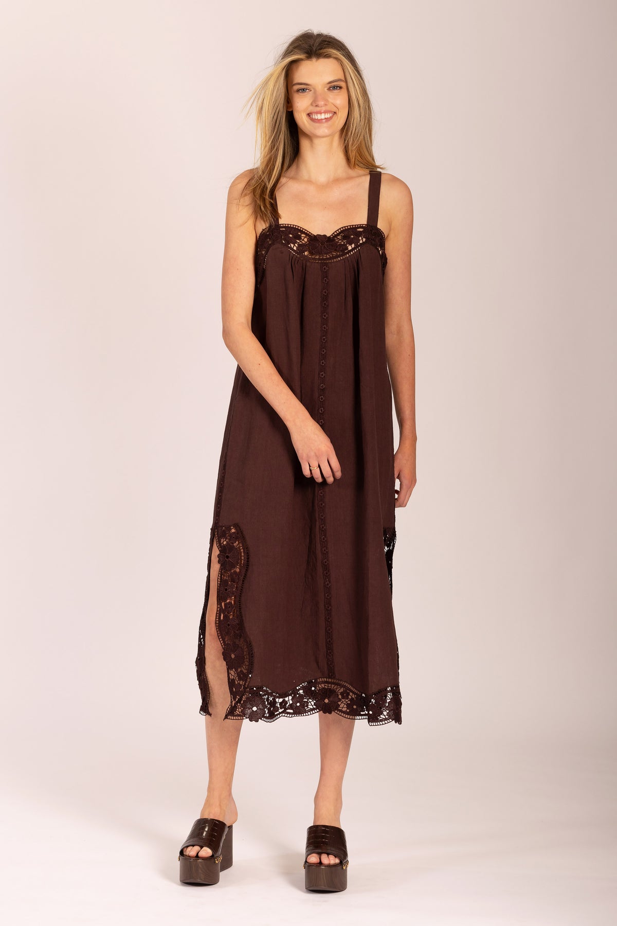 LIDO LINEN AND LACE CHOCOLATE MAXI DRESS - PRE-ORDER