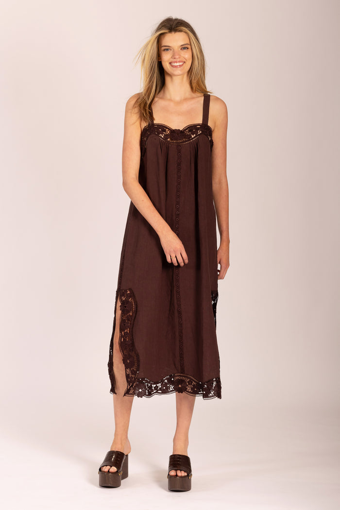 LIDO LINEN AND LACE CHOCOLATE MAXI DRESS - PRE-ORDER
