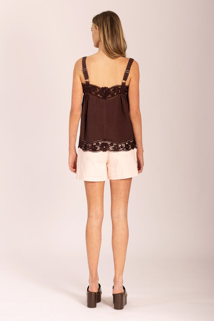 LIDO LINEN AND LACE CHOCHOLATE TOP - PRE-ORDER