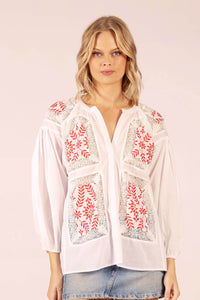 SAMPLE 1353  TWENTY LACE INSERT SHIRT WHITE RED