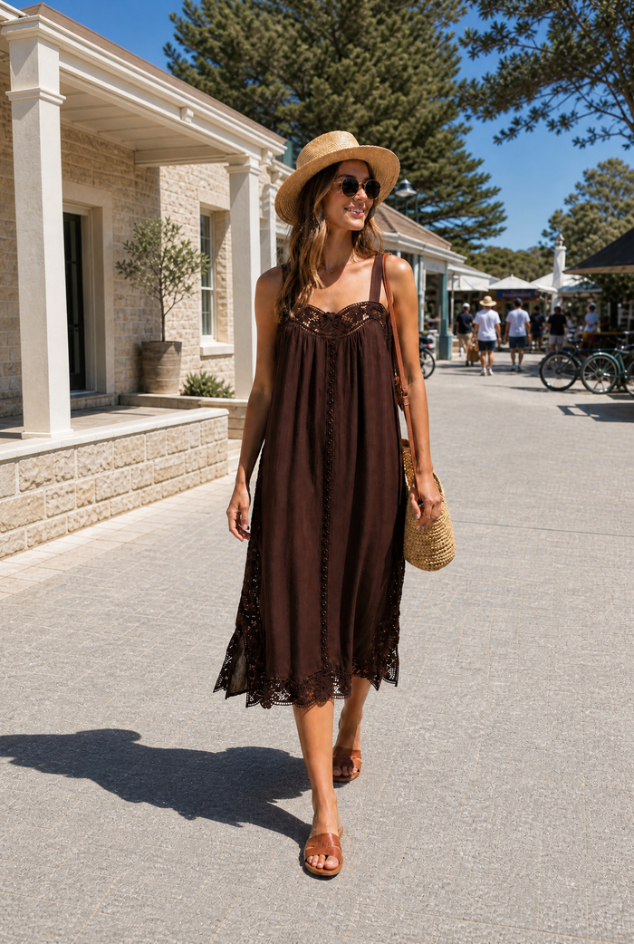 LIDO LINEN AND LACE CHOCOLATE MAXI DRESS