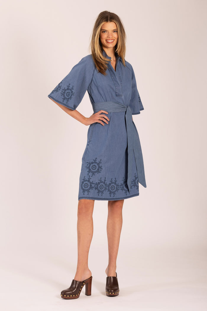 JONES EMBROIDERED MIDI DENIM DRESS