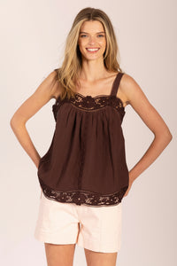 LIDO LINEN AND LACE CHOCOLATE TOP