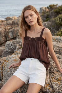 LIDO LINEN AND LACE CHOCOLATE TOP