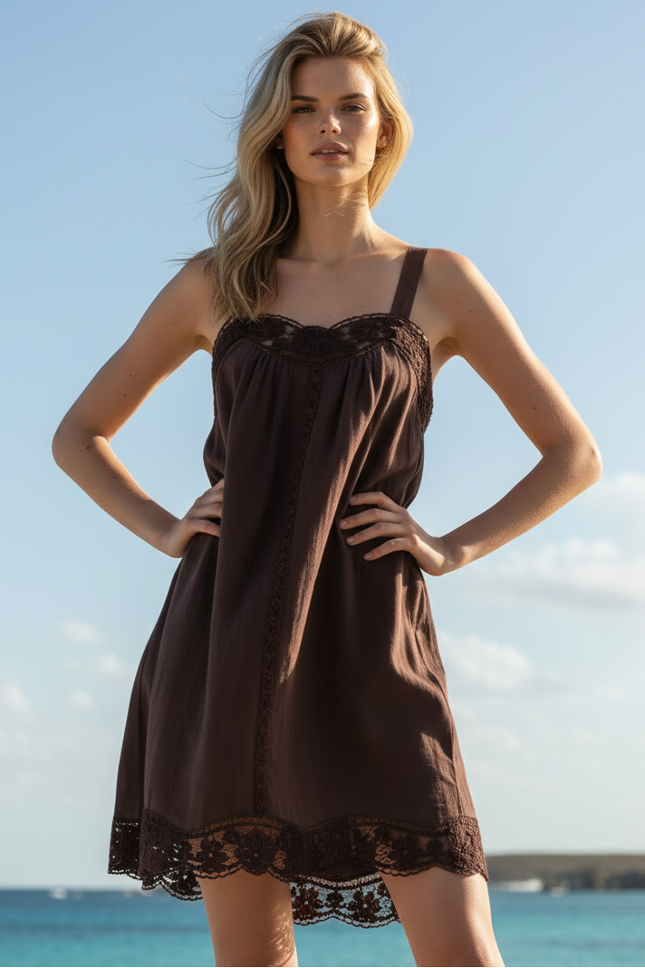 LIDO LINEN AND LACE CHOCOLATE MINI DRESS