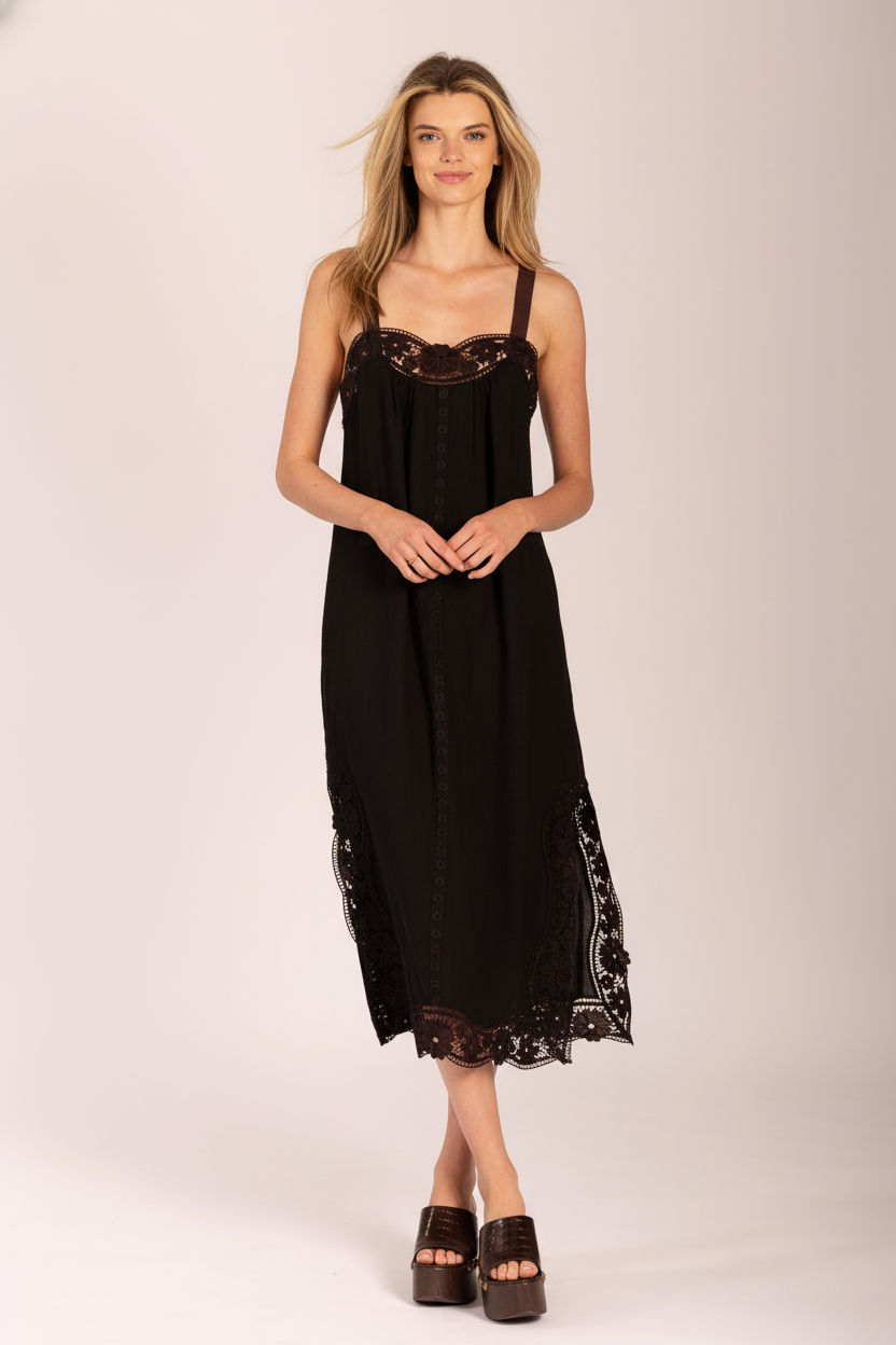 LIDO LINEN AND LACE BLACK MAXI DRESS - PRE-ORDER