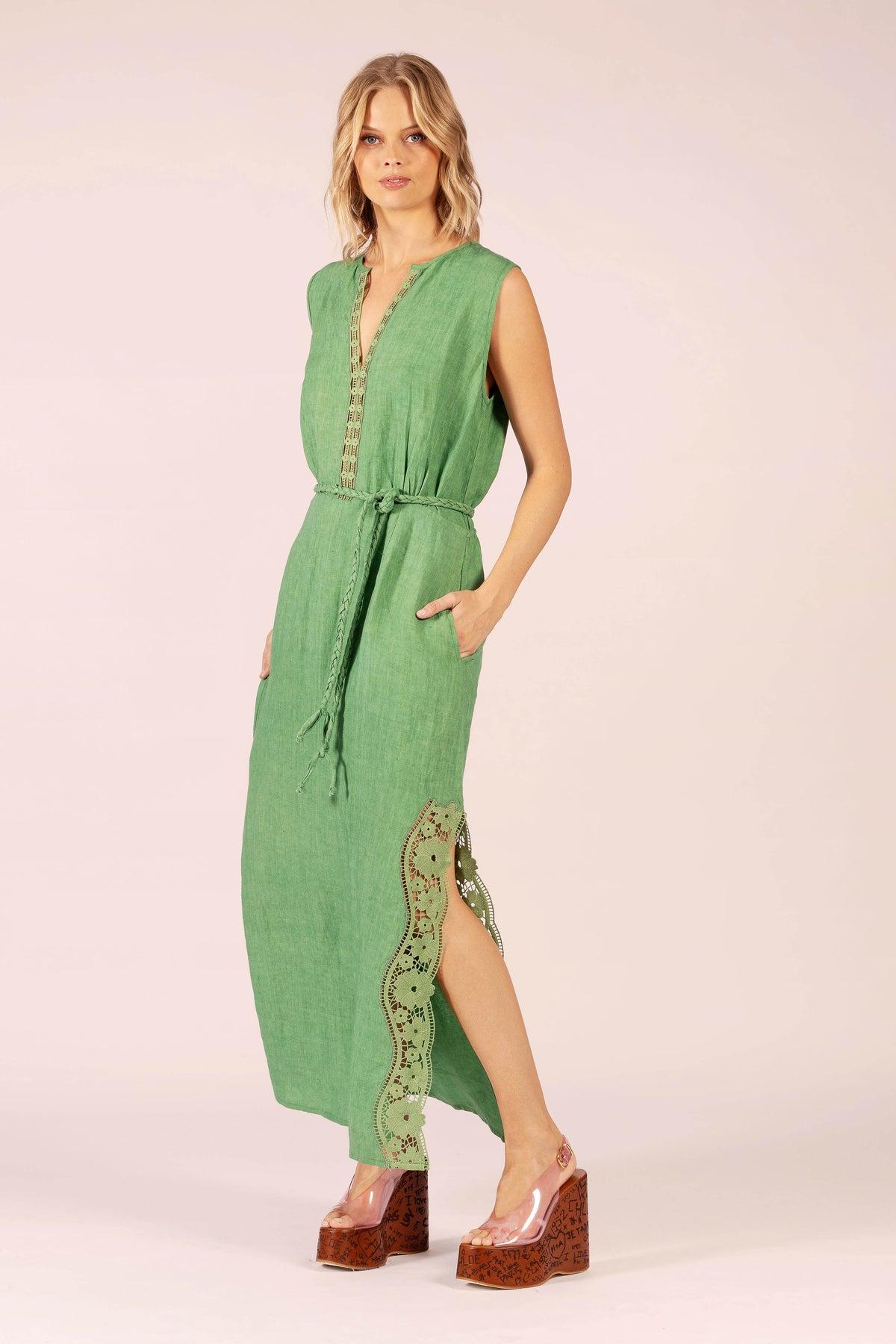 STELLA LINEN AND LACE EMERALD MAXI