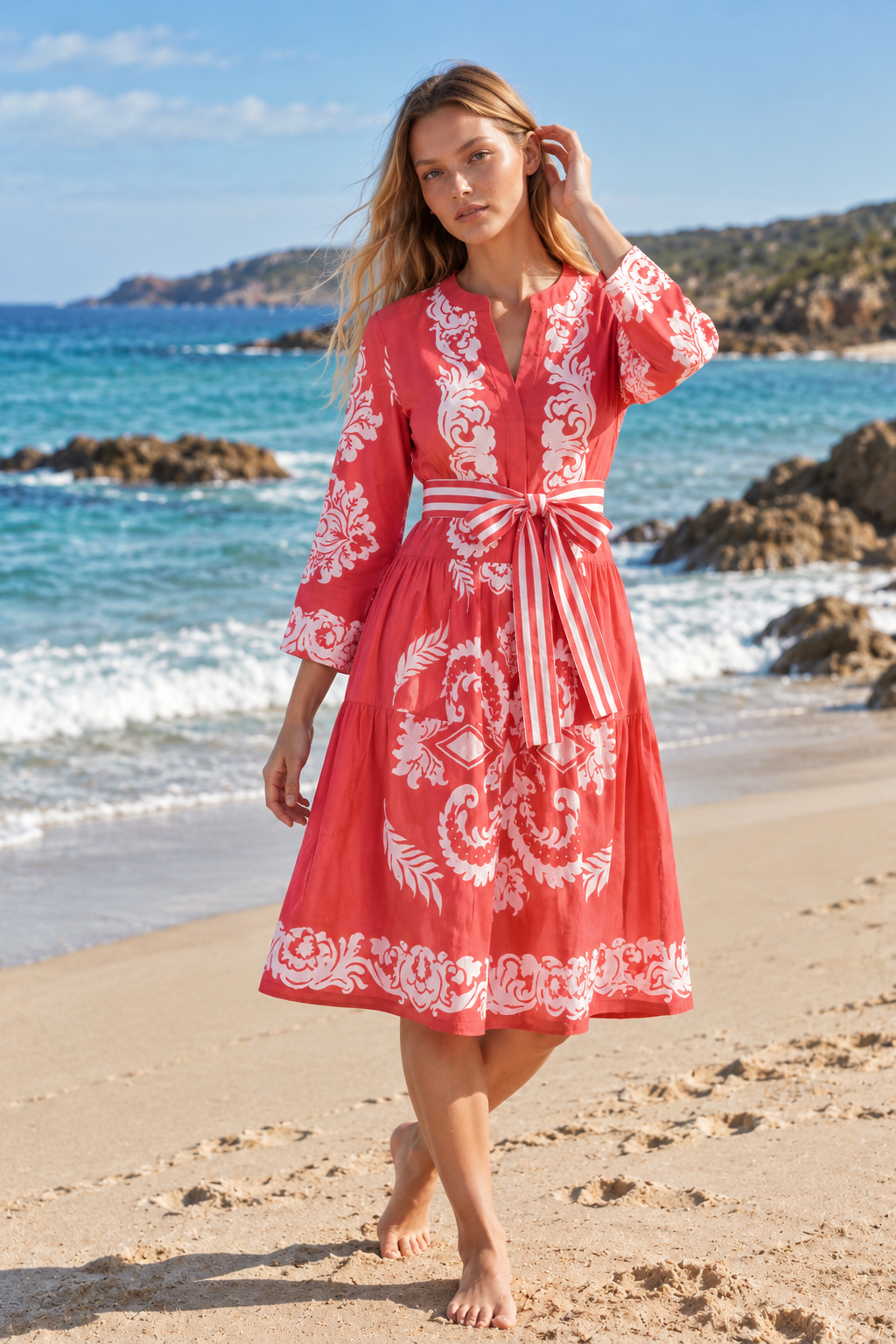 MOROCCO COTTON JEWEL WATERMELON MIDI