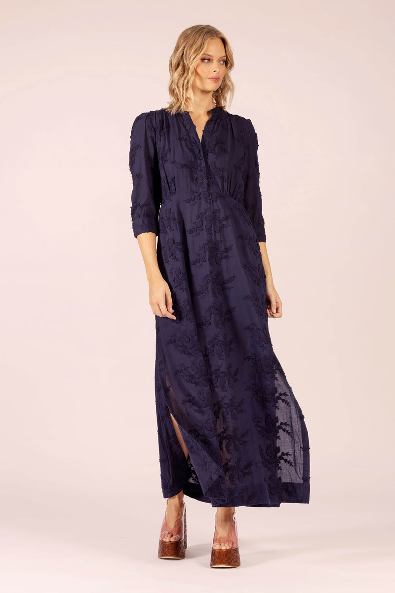MARY COTTON EMBROIDERED ORIENT NAVY LONG DRESS