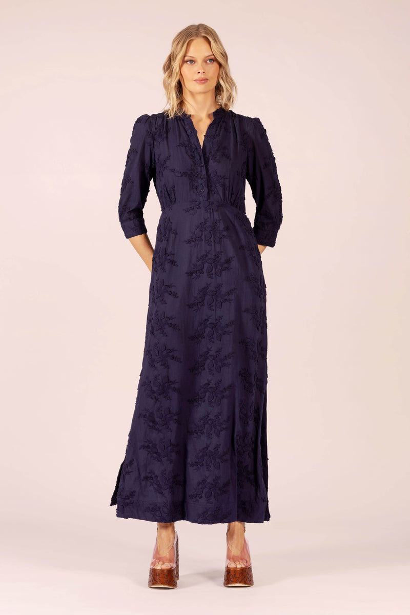 MARY COTTON EMBROIDERED ORIENT NAVY LONG DRESS