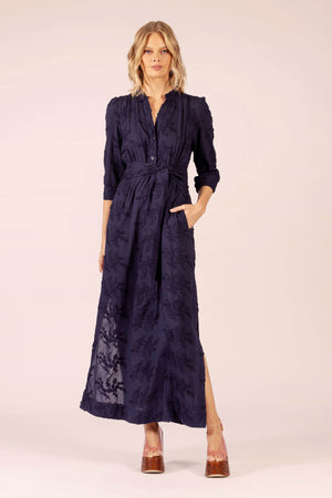MARY COTTON EMBROIDERED ORIENT NAVY LONG DRESS