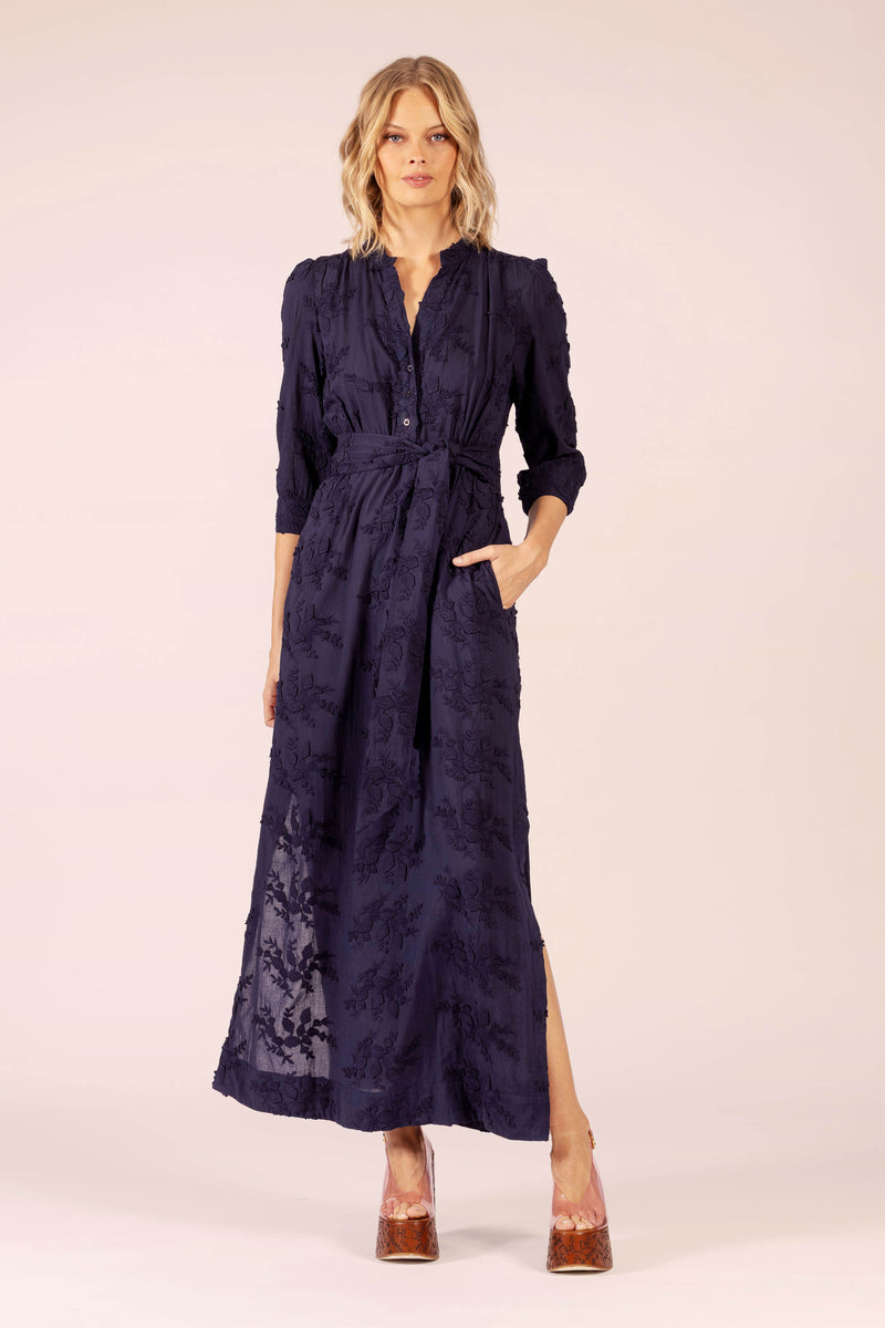 MARY COTTON EMBROIDERED ORIENT NAVY LONG DRESS