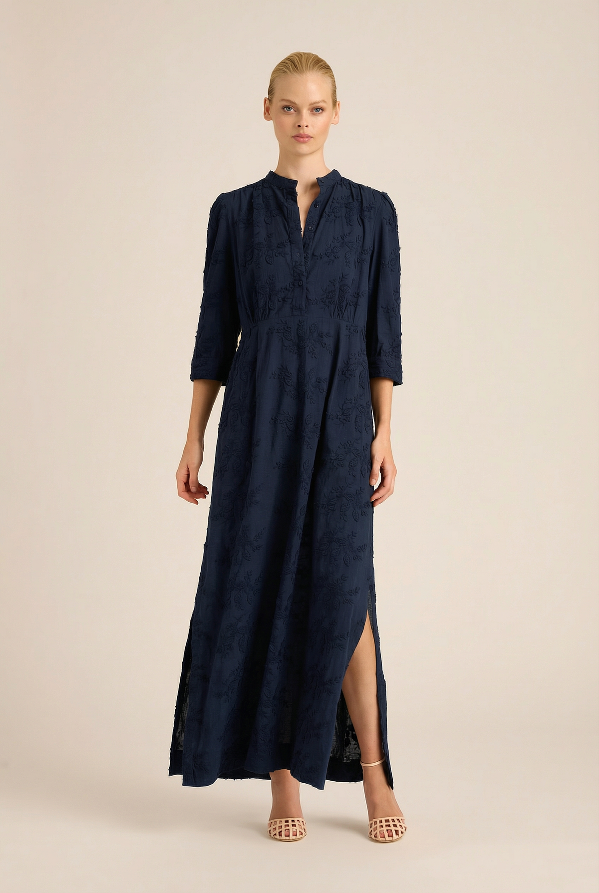MARY COTTON EMBROIDERED ORIENT NAVY LONG DRESS